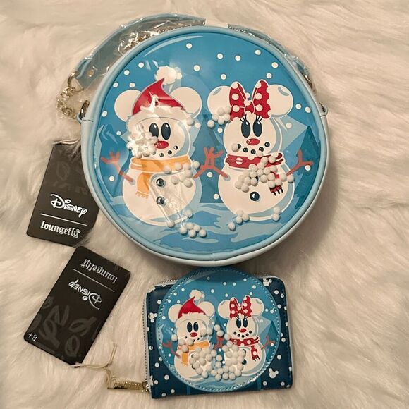 Disney Snowman Mickey Minnie Snow Globe Crossbody Bag & Wallet SET NWT Loungefly - Picture 1 of 12